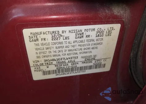 2007 Nissan Sentra 2.0 из США, поврежденный, VIN 3N1AB61E27L643753